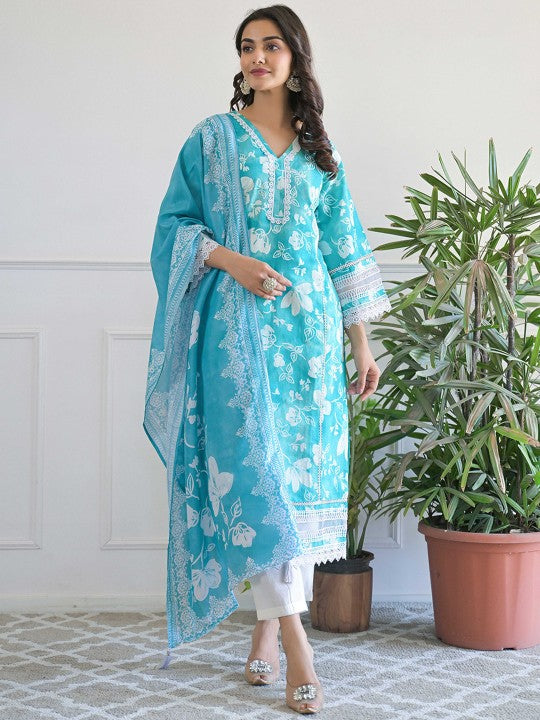 AHrik Aqua Bloom Embroidered Kurta Set AHrik