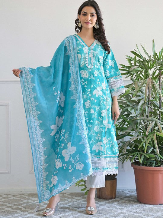 AHrik Aqua Bloom Embroidered Kurta Set AHrik