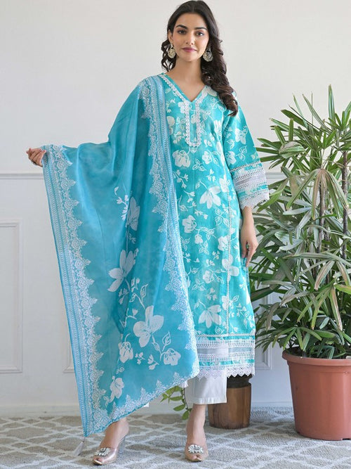 AHrik Aqua Bloom Embroidered Kurta Set