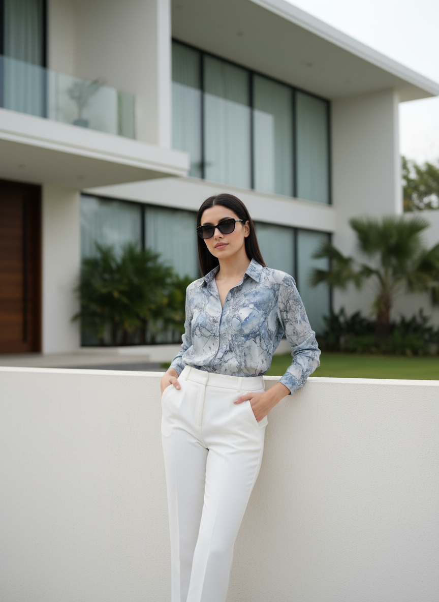 AHrik Azure Marbre Silk Shirt